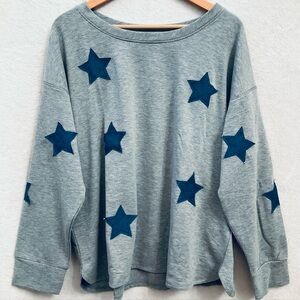 NWT NOTATIONS Comfy Gray Blue Star Women's Wide Neck Long Sleeve Top | Size 1X
